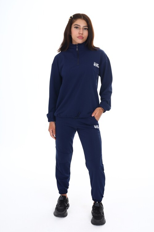 Lacivert Follow Baskılı Fermuar Yakalı Kız Çocuk Eşofman Takımı 16494