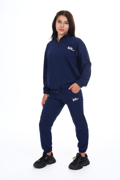 Lacivert Follow Baskılı Fermuar Yakalı Kız Çocuk Eşofman Takımı 16494