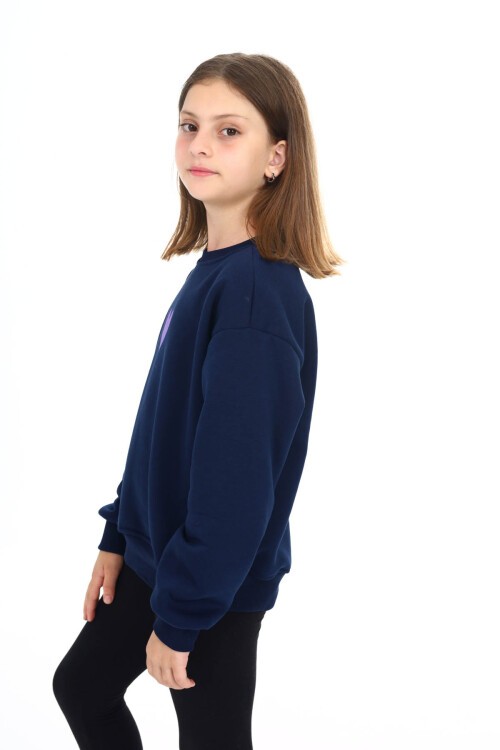 Lacivert Kalp Baskılı Polarlı Kız Çocuk Sweatshirt 16467