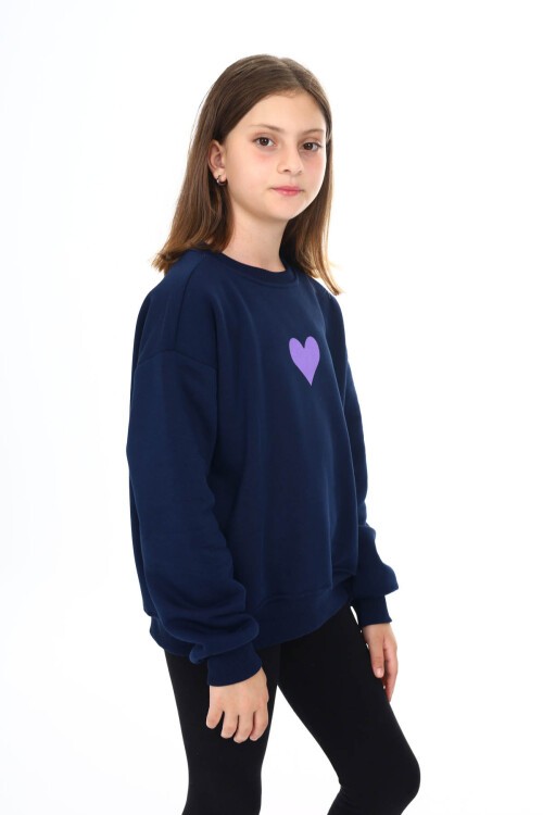 Lacivert Kalp Baskılı Polarlı Kız Çocuk Sweatshirt 16467