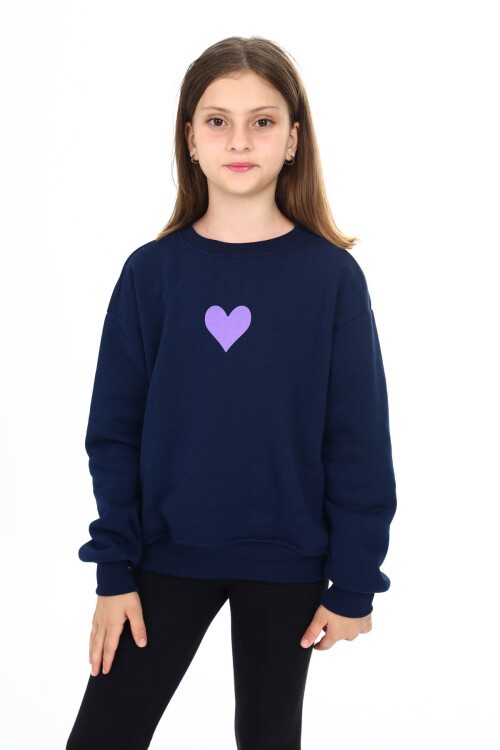 Lacivert Kalp Baskılı Polarlı Kız Çocuk Sweatshirt 16467