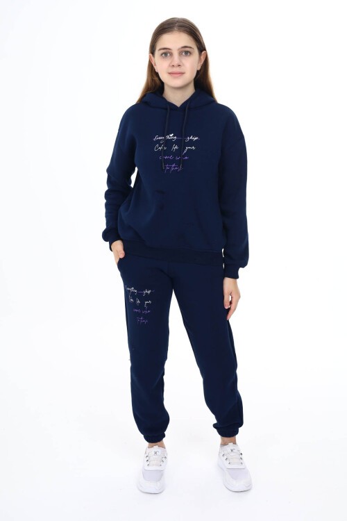 Lacivert Kalpli Yazı Baskılı Kız Çocuk Polarlı Eşofman Takımı 16458