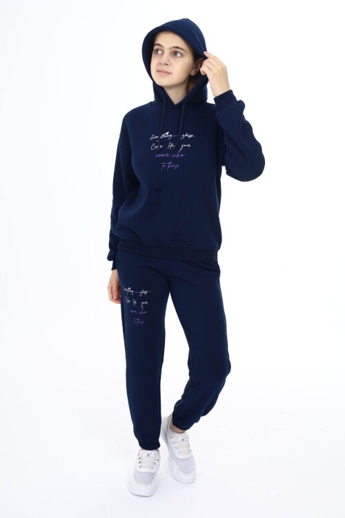 Lacivert Kalpli Yazı Baskılı Kız Çocuk Polarlı Eşofman Takımı 16458