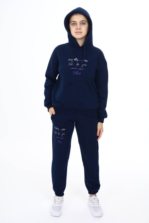 Lacivert Kalpli Yazı Baskılı Kız Çocuk Polarlı Eşofman Takımı 16458
