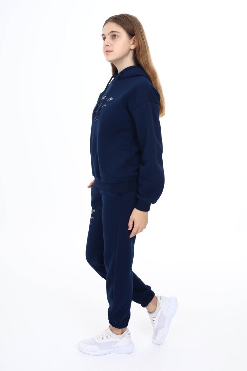 Lacivert Kalpli Yazı Baskılı Kız Çocuk Polarlı Eşofman Takımı 16458