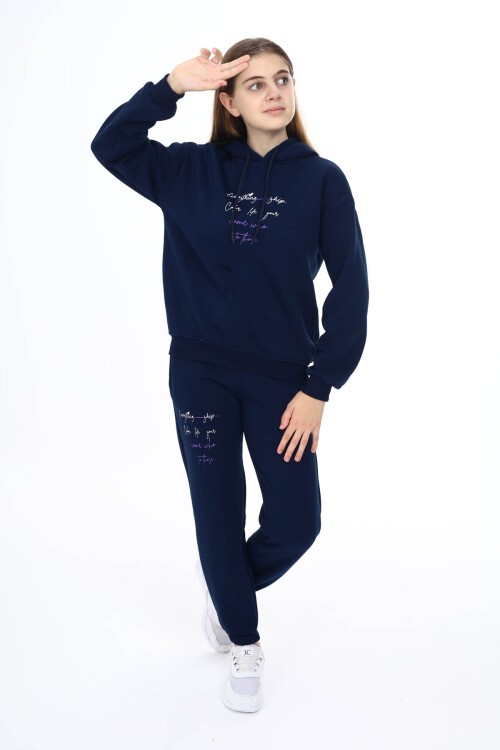 Lacivert Kalpli Yazı Baskılı Kız Çocuk Polarlı Eşofman Takımı 16458