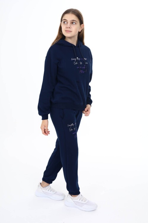 Lacivert Kalpli Yazı Baskılı Kız Çocuk Polarlı Eşofman Takımı 16458