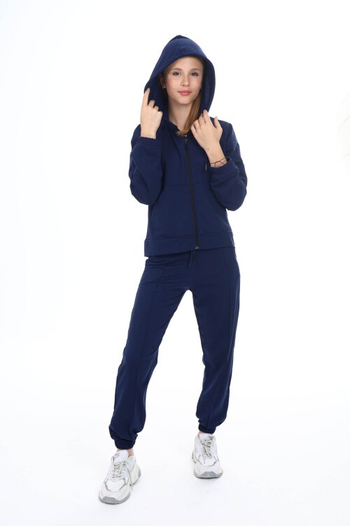 Lacivert Kapşonlu Hırkalı Kız Eşofman Takımı 16525