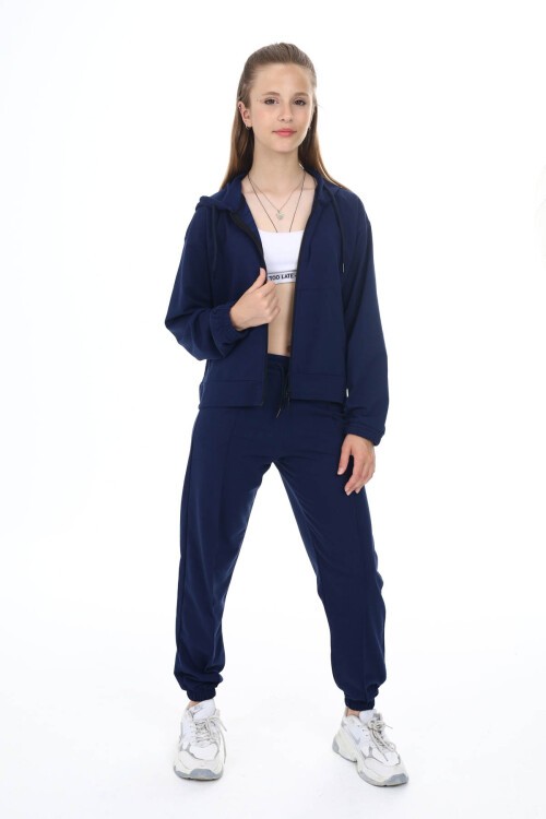 Lacivert Kapşonlu Hırkalı Kız Eşofman Takımı 16525