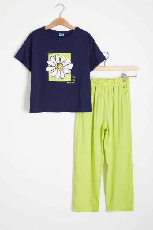 Lacivert Papatya Baskılı Kız Çocuk Alt Üst Yazlık Takım 15461