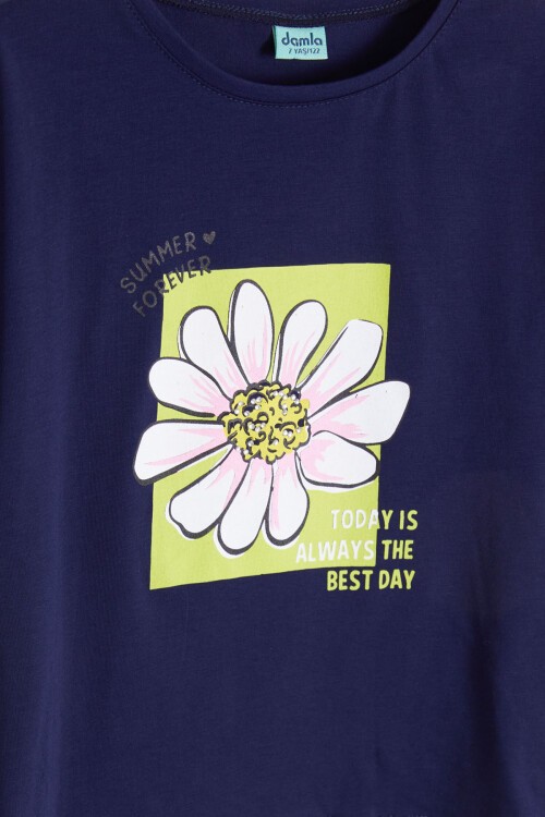 Lacivert Papatya Baskılı Kız Çocuk Alt Üst Yazlık Takım 15461