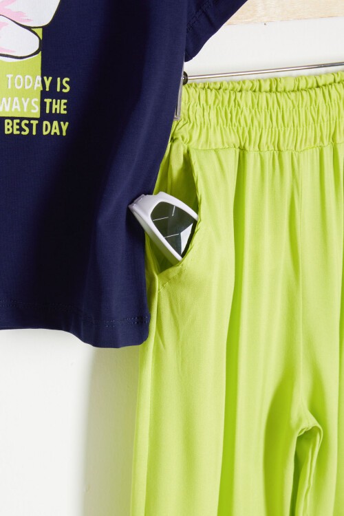 Lacivert Papatya Baskılı Kız Çocuk Alt Üst Yazlık Takım 15461