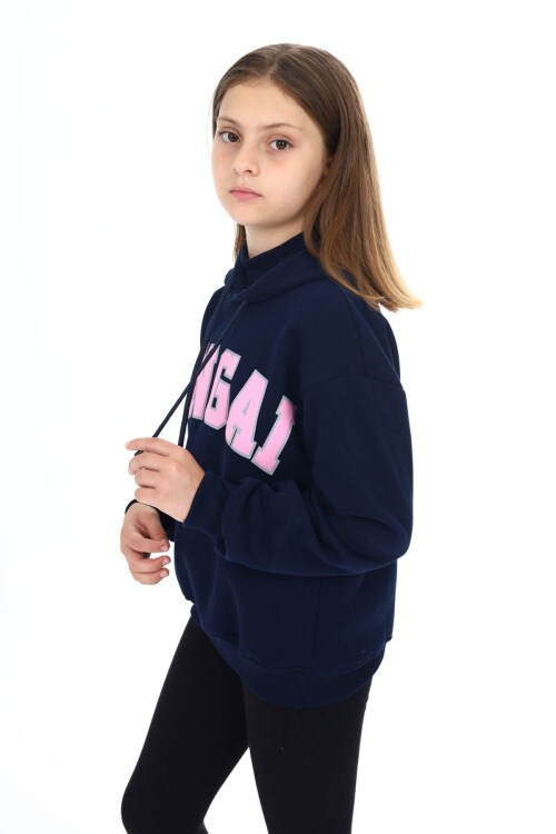 Lacivert Pengai Yazı Baskı Polarlı Kız Çocuk Sweatshirt 16466