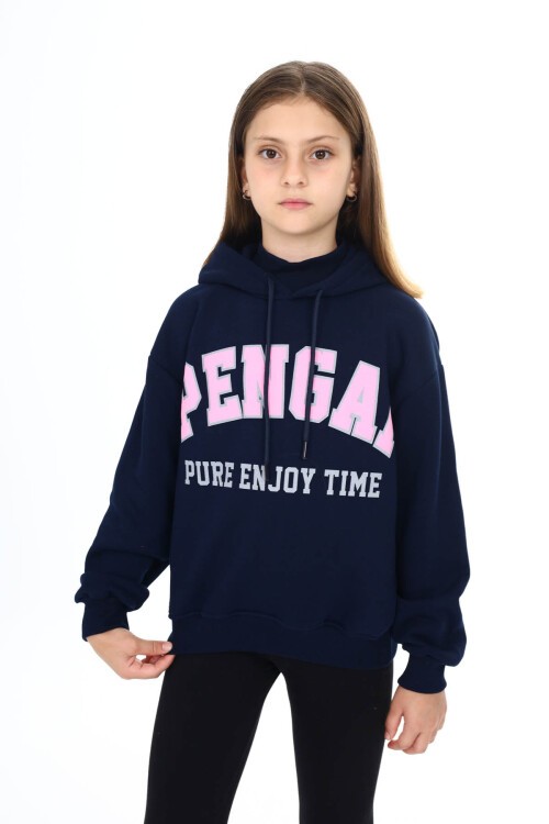 Lacivert Pengai Yazı Baskı Polarlı Kız Çocuk Sweatshirt 16466