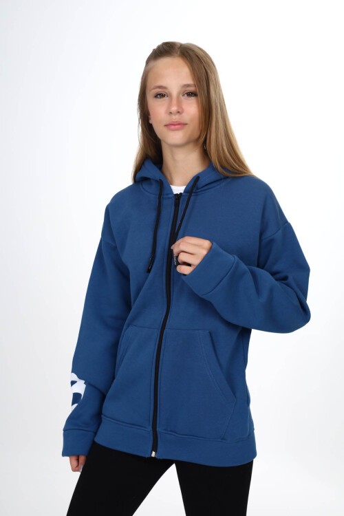 Lacivert Sırtı Baskılı Şardonlu Fermuarlı Kapüşonlu Kız Hırka 16432