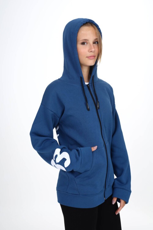 Lacivert Sırtı Baskılı Şardonlu Fermuarlı Kapüşonlu Kız Hırka 16432