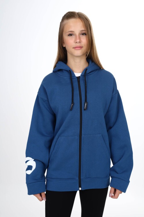 Lacivert Sırtı Baskılı Şardonlu Fermuarlı Kapüşonlu Kız Hırka 16432