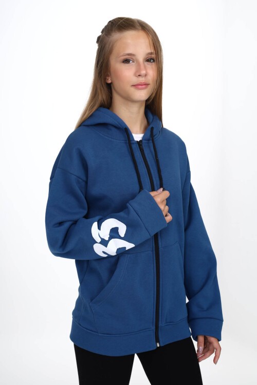 Lacivert Sırtı Baskılı Şardonlu Fermuarlı Kapüşonlu Kız Hırka 16432