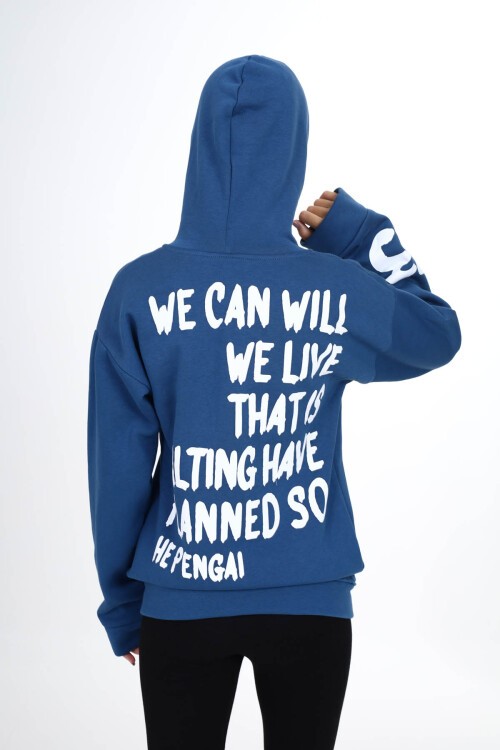 Lacivert Sırtı Baskılı Şardonlu Fermuarlı Kapüşonlu Kız Hırka 16432