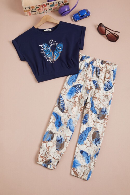 Lacivert Yaprak Baskılı Bluz Pantolon Kız Takım 15517