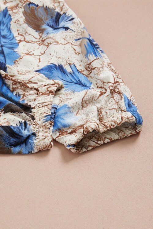 Lacivert Yaprak Baskılı Bluz Pantolon Kız Takım 15517