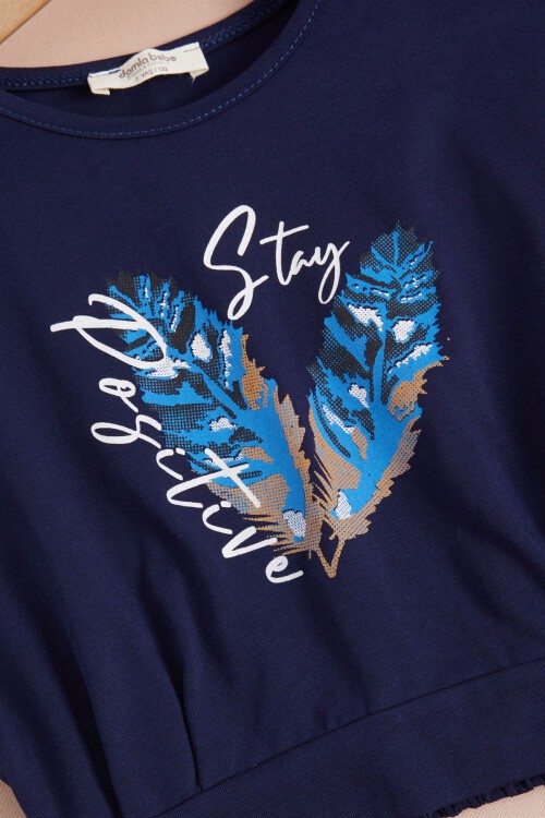 Lacivert Yaprak Baskılı Bluz Pantolon Kız Takım 15517