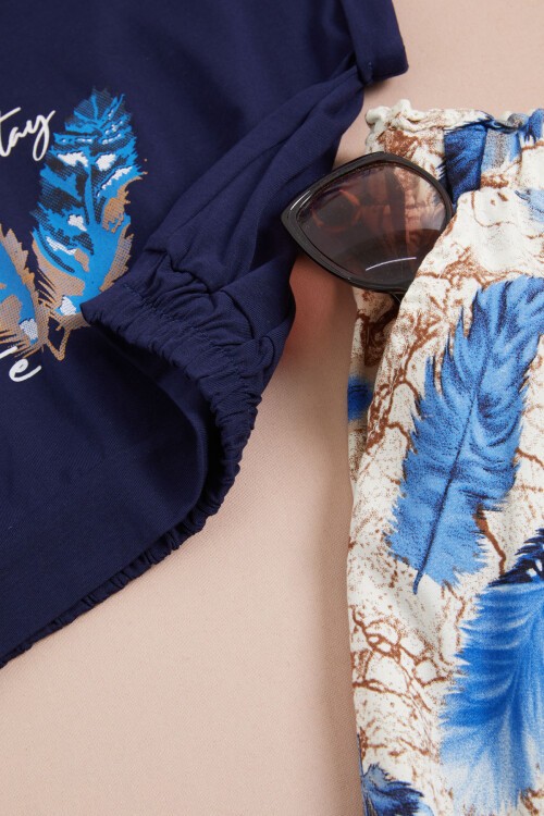 Lacivert Yaprak Baskılı Bluz Pantolon Kız Takım 15517