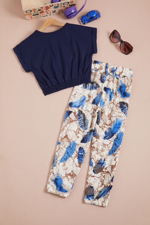 Lacivert Yaprak Baskılı Bluz Pantolon Kız Takım 15517