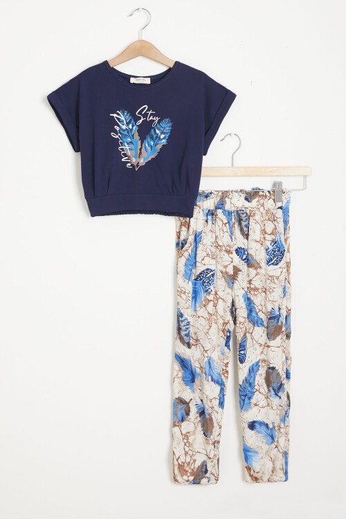 Lacivert Yaprak Baskılı Bluz Pantolon Kız Takım 15517