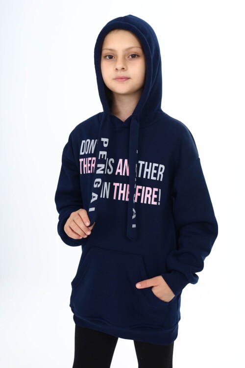 Lacivert Yazı Baskılı Polarlı Kız Çocuk Kapşonlu Sweatshirt 16437