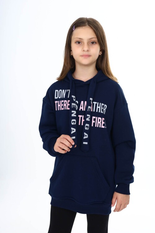 Lacivert Yazı Baskılı Polarlı Kız Çocuk Kapşonlu Sweatshirt 16437