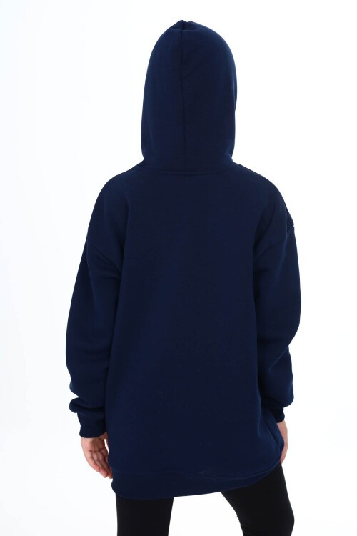 Lacivert Yazı Baskılı Polarlı Kız Çocuk Kapşonlu Sweatshirt 16437