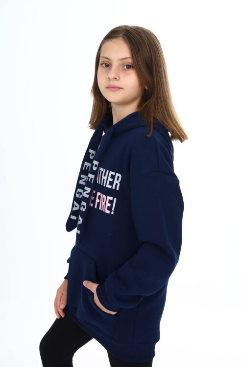 Lacivert Yazı Baskılı Polarlı Kız Çocuk Kapşonlu Sweatshirt 16437