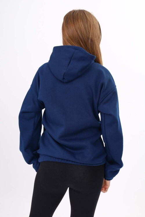 Lacivert Yazı Baskılı Polarlı Kız Çocuk Kapşonlu Sweatshirt 16640