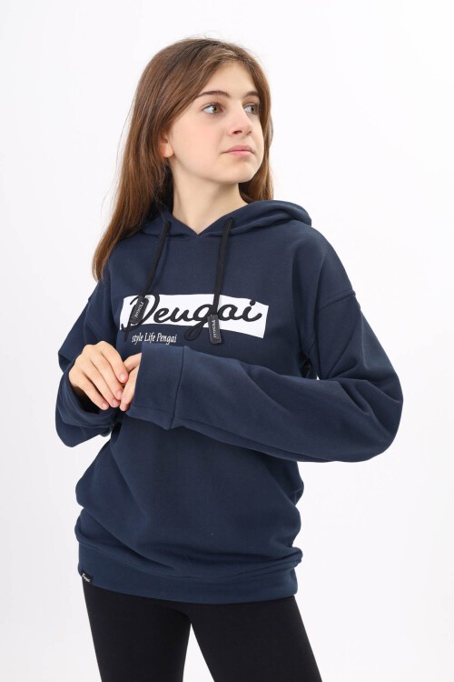 Lacivert Yazı Nakışlı Kapüşonlu Kız Çocuk Sweatshirt 16445