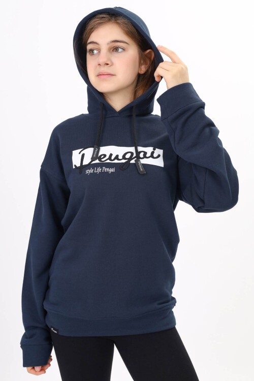 Lacivert Yazı Nakışlı Kapüşonlu Kız Çocuk Sweatshirt 16445