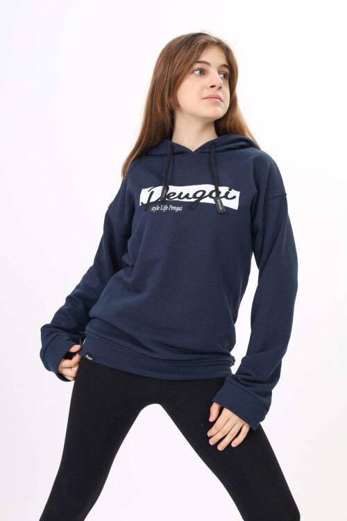 Lacivert Yazı Nakışlı Kapüşonlu Kız Çocuk Sweatshirt 16445