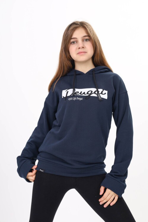 Lacivert Yazı Nakışlı Kapüşonlu Kız Çocuk Sweatshirt 16445