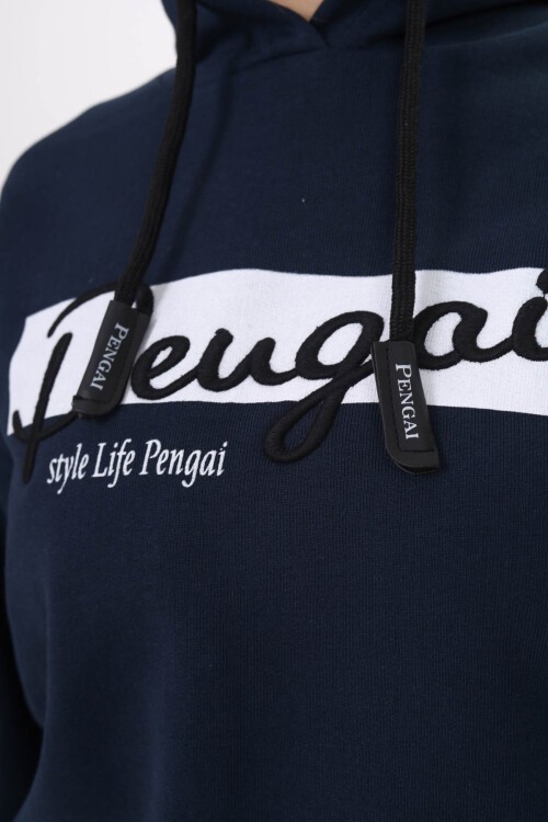 Lacivert Yazı Nakışlı Kapüşonlu Kız Çocuk Sweatshirt 16445