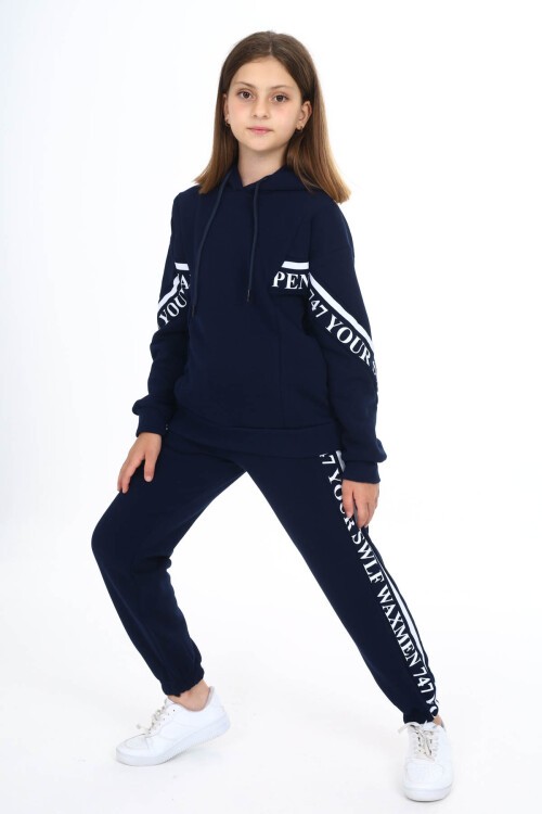 Lacivert Yazı Şeritli Polarlı Kız Çocuk Kapşonlu Eşofman Takımı 16438