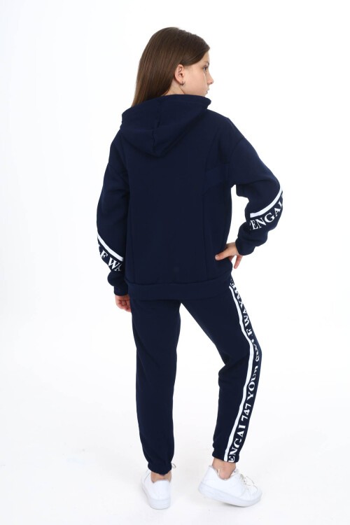 Lacivert Yazı Şeritli Polarlı Kız Çocuk Kapşonlu Eşofman Takımı 16438