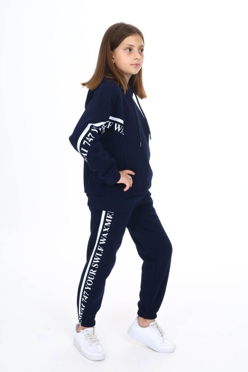Lacivert Yazı Şeritli Polarlı Kız Çocuk Kapşonlu Eşofman Takımı 16438