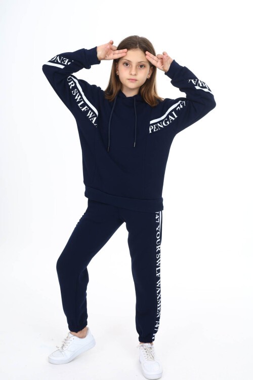 Lacivert Yazı Şeritli Polarlı Kız Çocuk Kapşonlu Eşofman Takımı 16438