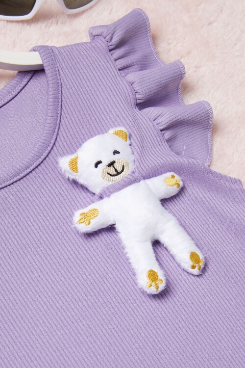 Lila Ayıcık Cepli Volanlı Kız Çocuk Şortlu Takım 15423