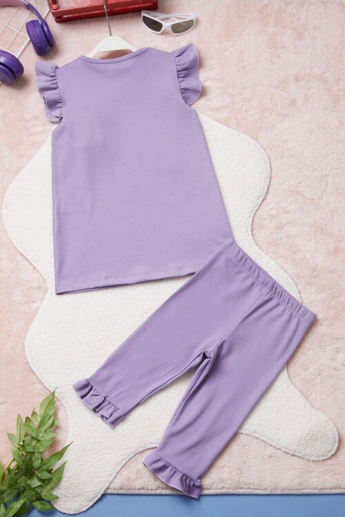 Lila Ayıcık Cepli Volanlı Kız Çocuk Şortlu Takım 15423