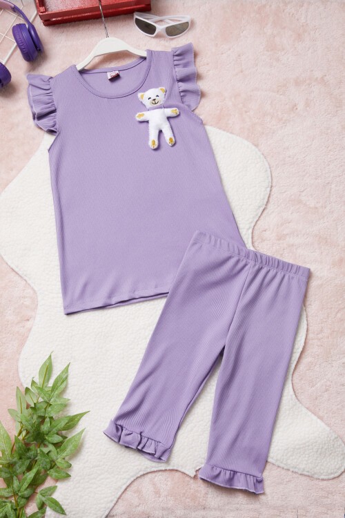 Lila Ayıcık Cepli Volanlı Kız Çocuk Şortlu Takım 15423