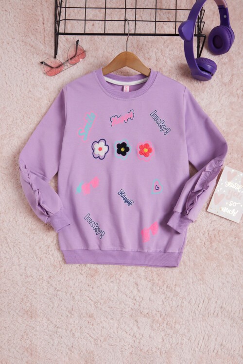 Lila Çiçek Nakışlı Uzun Kol Kız Çocuk Sweatshirt 16307