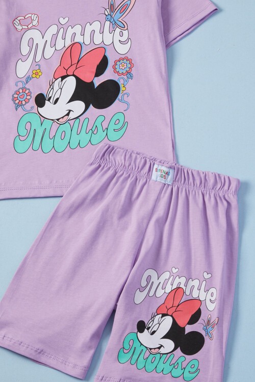 Lila Çiçekli Karakter Baskılı Kız Çocuk Şortlu Takım 15633