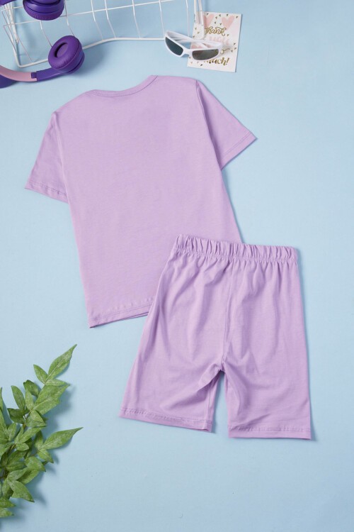 Lila Çiçekli Karakter Baskılı Kız Çocuk Şortlu Takım 15633
