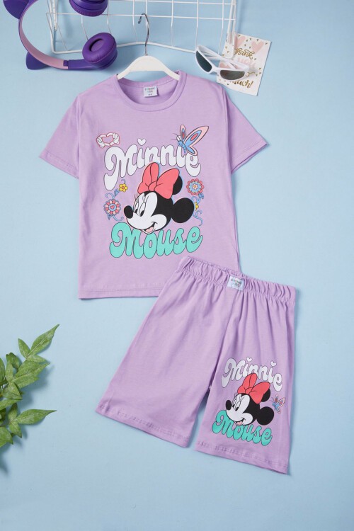 Lila Çiçekli Karakter Baskılı Kız Çocuk Şortlu Takım 15633